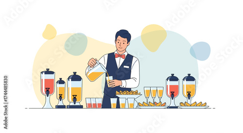 Bartender serving juice at a buffet with elegant colorful dispensers in illustration
