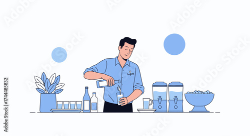 Bartender Skillfully Pouring Refreshing Beverage into a Glass in a Minimalist Environment