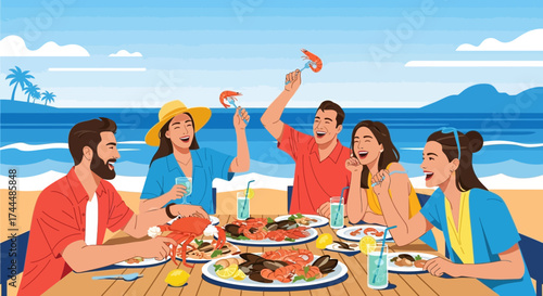 Beachside Dining: A Joyful Seaside Feast with Friends and Delicious Seafood Delights