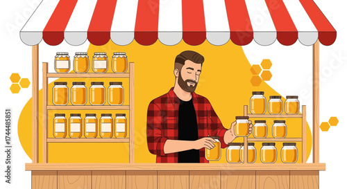 Bearded Artisan Presenting And Selling Organic Honey Jars At A Vibrant Outdoor Market