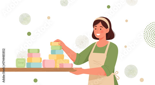 Beautiful woman holding different colorful handmade soaps on a wooden shelf smiling