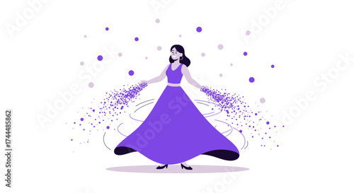 Beautiful woman in purple dress creating a magical effect with particles in the air