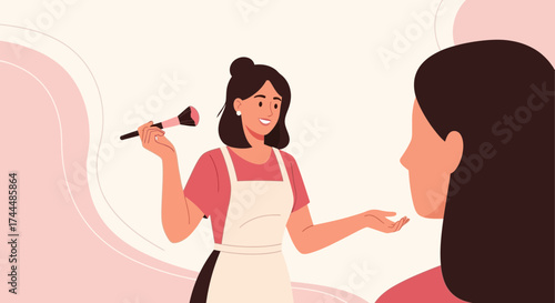 Beauty artist applying makeup on a person, illustration of beauty care in pink tones