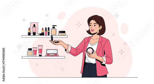 Beauty Influencer Reviewing Makeup Products with Various Cosmetic Items and Illustrations