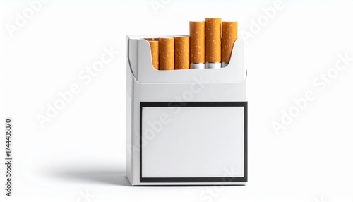 Open cigarette pack with visible orange filter cigarettes on white and black background, minimal and stark.