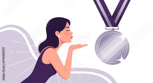 Award Winning Woman Blowing Kiss Towards Medal Illustrating Achievement and Victory