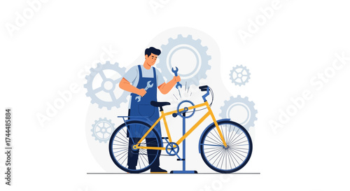 Bike Mechanic Working, Illustration Of Bicycle Repairing, Transportation And Vehicle Maintenance