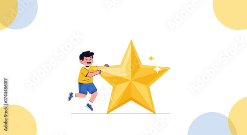 Boy Carrying Golden Star Depicts Success, Achievement, and Effort on White Background