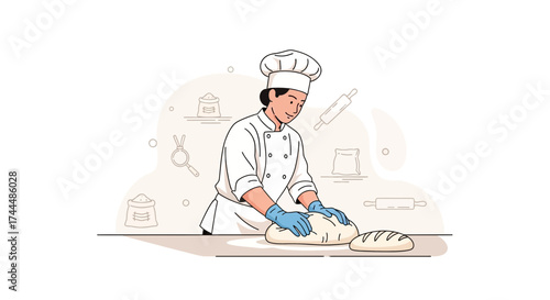 Baker Expertly Kneading Dough, Crafting Fresh Bread for Delicious Culinary Creations