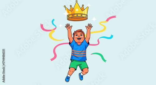 Boy Celebrating Achievement Reaches For Crown Over Joyful Colorful Ribbons
