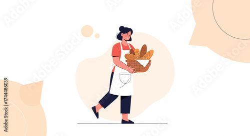 Baker in apron carrying bread basket, perfect for bakery and food-related illustrations