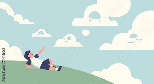 Boy Contemplating The Sky While Relaxing On A Hillside, Cloud Gazing And Dreaming