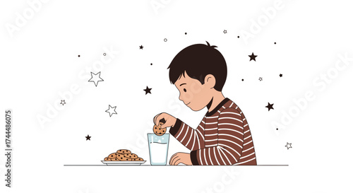 Boy Delightedly Dipping A Cookie Into Milk Before Sweet Dreamtime Illustration