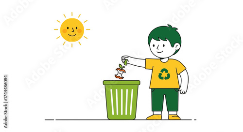 Boy Disposing Of Apple Core In Green Recycle Bin Under The Smiling Sun