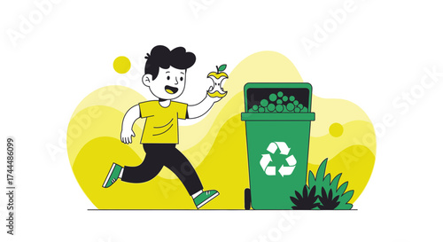 Boy Disposing Of Apple Core Demonstrates Waste Management And Environmental Awareness
