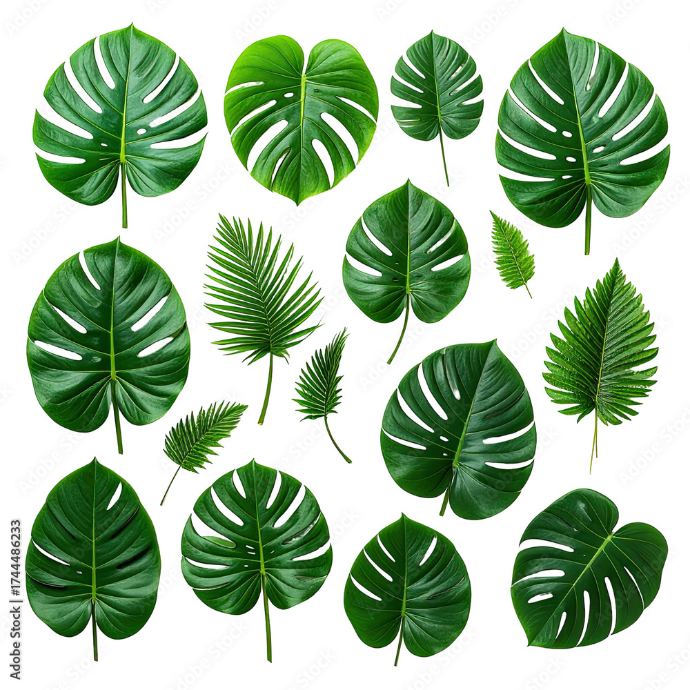 Obraz premium Tropical leaves isolated on black background. Green foliage with diverse shapes