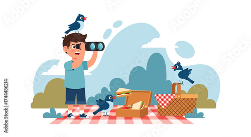 Boy enjoying a picnic and birdwatching in nature's embrace, cartoon illustration