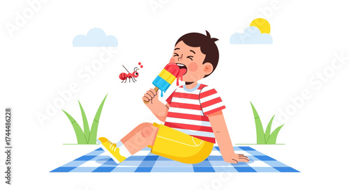 Boy Enjoying A Refreshing Ice Cream, Summer Picnic, And A Playful Ant Nearby