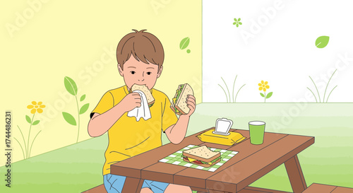 Boy Enjoying A Sandwich During A Pleasant Outdoor Picnic With Refreshments