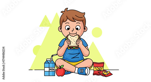 Boy Enjoying A Sandwich While Eating His Lunch With Healthy Refreshments Illustration