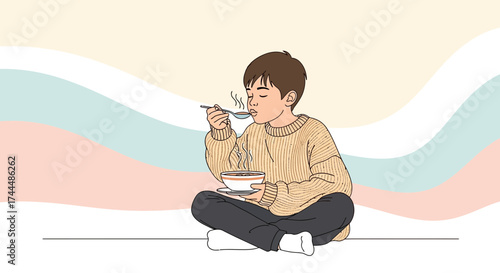 Boy Enjoying Hot Soup, Cozy Illustration, Calm Imagery of Warmth and Comfort in Winter