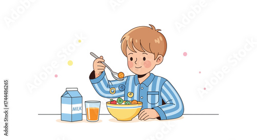Boy Enjoying Healthy Breakfast: Cereal, Milk, and Juice, Good for Nutrition and Diet