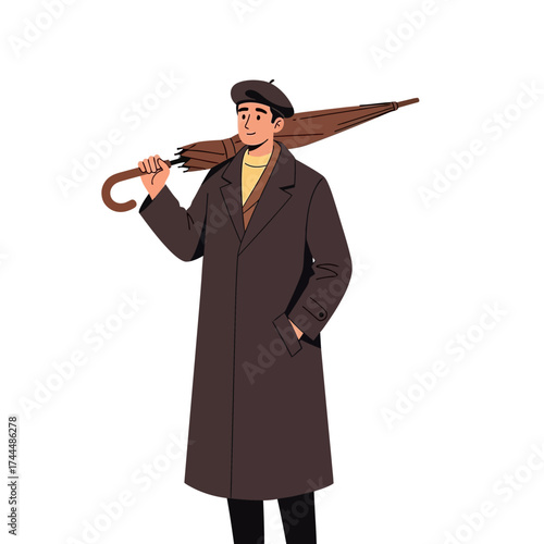 Elegant young man in classic autumn fashion, wearing a long brown coat and beret, carrying a closed umbrella over his shoulder. Vector character illustration