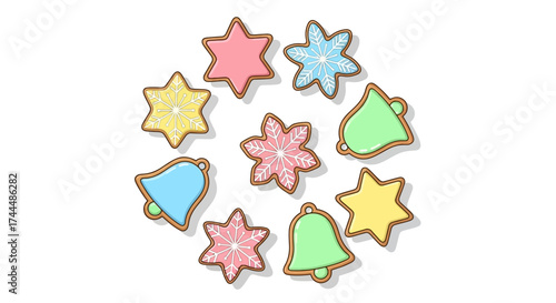 A festive assortment of colorful iced Christmas cookies shaped like stars and bells on a white background.