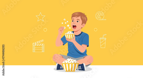 Boy Enjoying Popcorn While Watching Movies Against A Vibrant Yellow Background