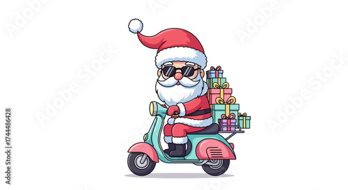 A cool cartoon Santa Claus wearing sunglasses rides a modern scooter to deliver a stack of Christmas gifts.