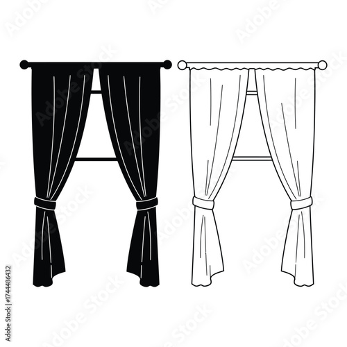 Black and white curtains vector illustration window home decor interior design drape fabric textile