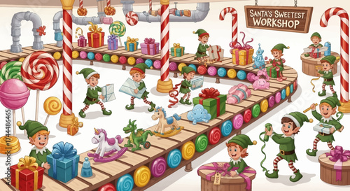 Enchanted workshop scene busy elves prepare delightful gifts and sweet confections on a whimsical conveyor belt, spreading festive cheer and holiday magic