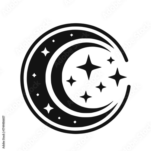 A black and white stylized crescent moon and stars vector logo transparent background
