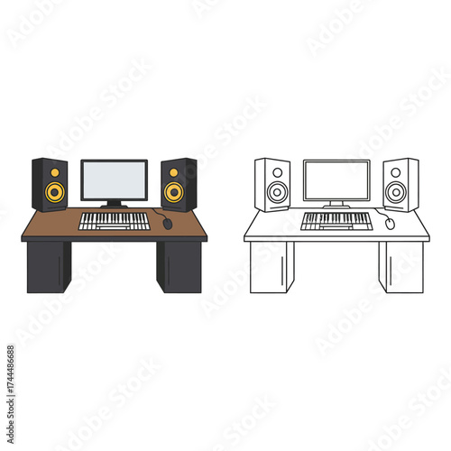 Music production studio setup with computer and speakers illustration keyboard audio engineering equipment