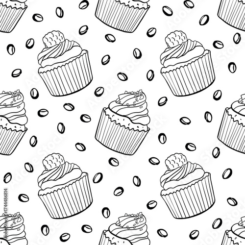 Muffins with cream, raspberry, ganache and chocolate chips, Holiday dessert, pastries vector seamless pattern in doodle style