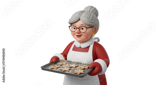 Mrs. Claus smiles while holding a tray of freshly baked star-shaped Christmas cookies.