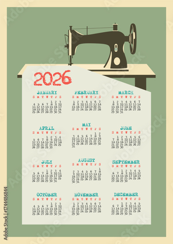 2026 calendar with sawing machine and typography on retro paper sheet. Vector wall calendar poster
