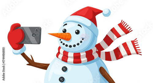 Festive Snowman Taking a Selfie with a Smartphone, Celebrating Winter Holidays