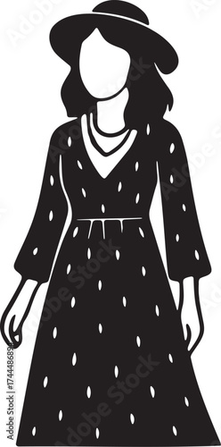 Bohemian maxi dress silhouette woman with hat necklace long sleeve folk style vector for fashion branding and packaging