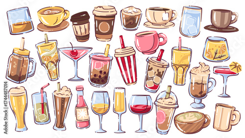 Set of various drinks in doodle style with coffee, tea, cocktails, juice, beer, and soft drinks. Bright hand drawn beverages for cafe menu or bar decor. Drinks set vector illustration.