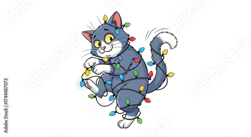 A playful gray cat tangled in colorful Christmas lights, looking surprised and slightly mischievous.