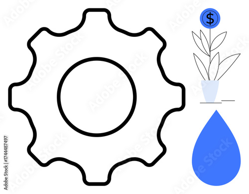 Gear symbol next to a money-growing plant and water drop. Ideal for business innovation, sustainability, growth, development, efficiency, investment, environmental themes. Simple flat metaphor