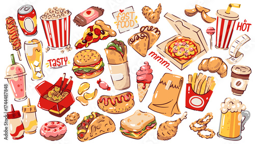 Fast food doodle set with burger, pizza, fries, hot dog, soda, and snacks in bright cartoon style. Tasty junk food collection for menu, kids design, or stickers. Fast food vector illustration.