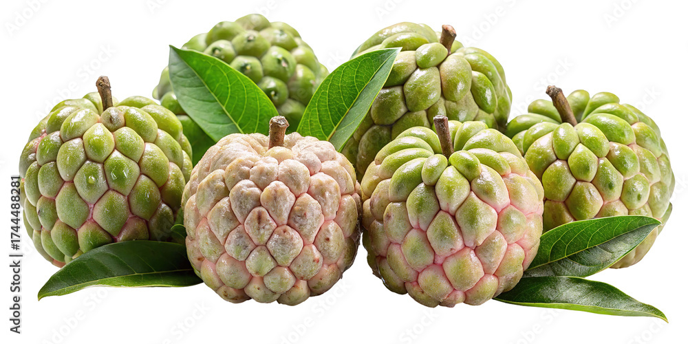 Obraz premium A cluster of ripe custard apples with green leaves showcasing their unique textured skin and exotic appeal isolated on transparent background