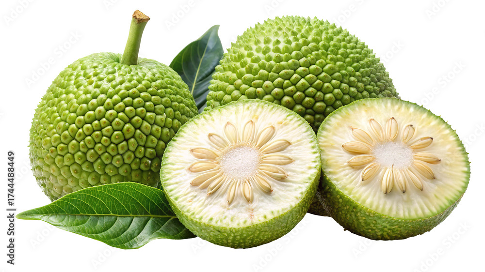 Fototapeta premium Fresh green unripe breadfruit with leaves and one fruit cut in half showing its core isolated on transparent background