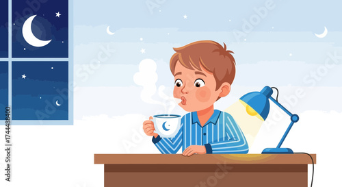 Boy Sipping Drink At Night Time Beside A Window With Moon And Stars Lights
