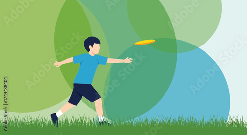Boy Throwing a Flying Disc on a Sunny Day With Green And Blue Background
