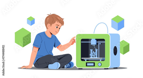Boy Using 3D Printer, Exploring Modern Technology, and Learning About Creation