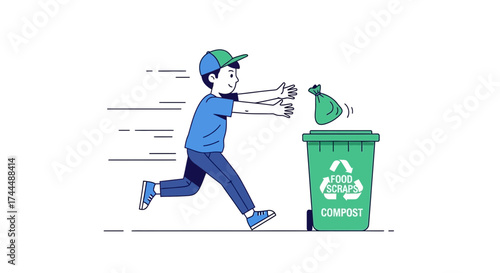 Boy Tossing The Food Waste Bag Into Compost Bin For Reduce And Recycle With Save The Earth