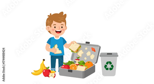 Boy With Lunchbox Eating Sandwich with Fruits and Disposal Container Illustration